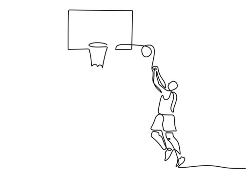 One continuous single line of man play indoor basketball isolated on white background.