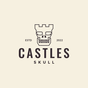 line skull with castle vintage logo design vector graphic symbol icon illustration creative idea