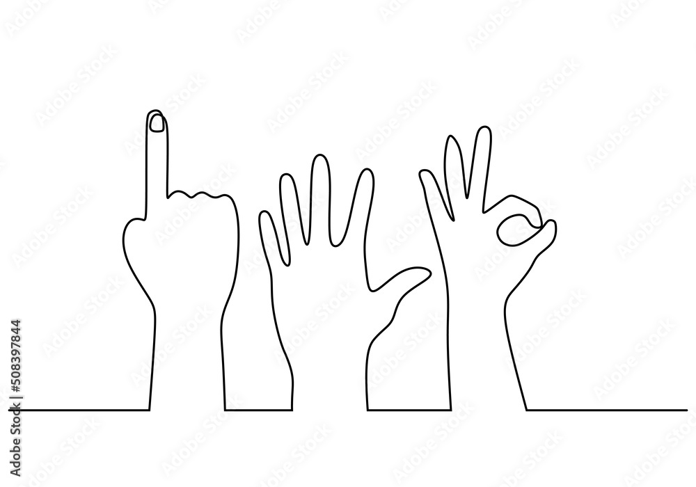 Poster one continuous single line of diversity hand pose isolated on white background.