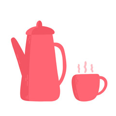 Teapot and cup in flat style. Vector illustration isolated on white background.