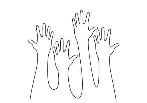 One continuous single line of four hands up isolated on white background.