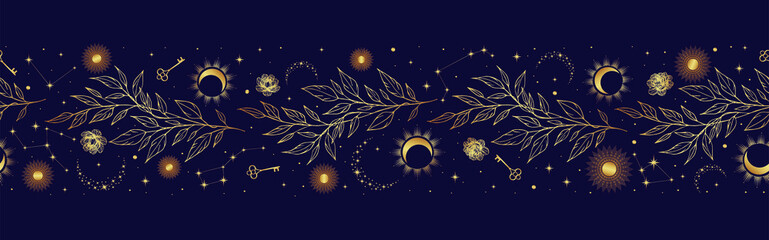 Magic seamless vector border with moons, herbs, stars and suns. Gold decorative ornament. Graphic pattern for astrology, esoteric, tarot, mystic and magic. 