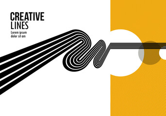 3D black and yellow lines in perspective abstract vector background, linear perspective illustration op art.