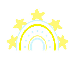Rainbow icon with stars isolated doodle illustration, colorful nursery design element in Scandinavian style. Wall art poster print.