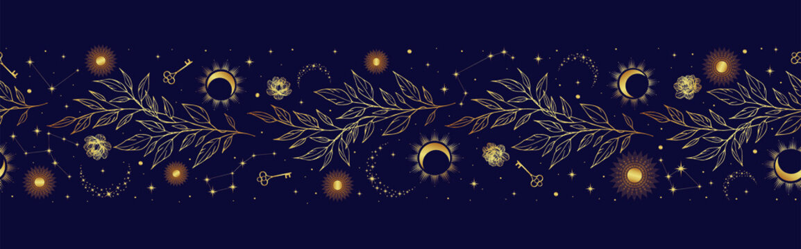 Magic seamless vector border with moons, herbs, stars and suns. Gold decorative ornament. Graphic pattern for astrology, esoteric, tarot, mystic and magic. 