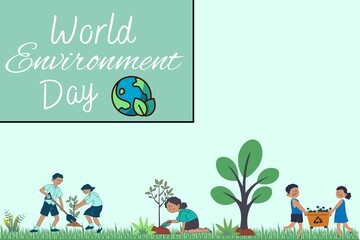 World Environment Day. a boy and a girl helping each other to take care of a tree. illustration.