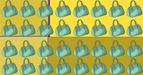 Image of blue handbags repeated and moving on yellow and purple background
