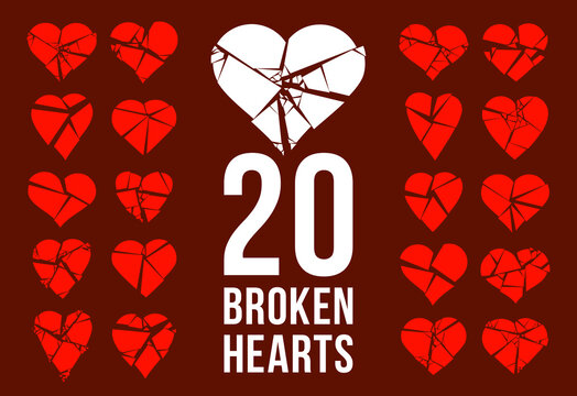 Hearts broken to pieces like a glass vector logos or icons set, broken heart concept, breakup or divorce, heartbreak regret, separated couple, tragic love.