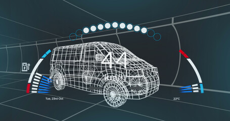 Image of speedometer, gps and charge status data on vehicle interface, over 3d van model