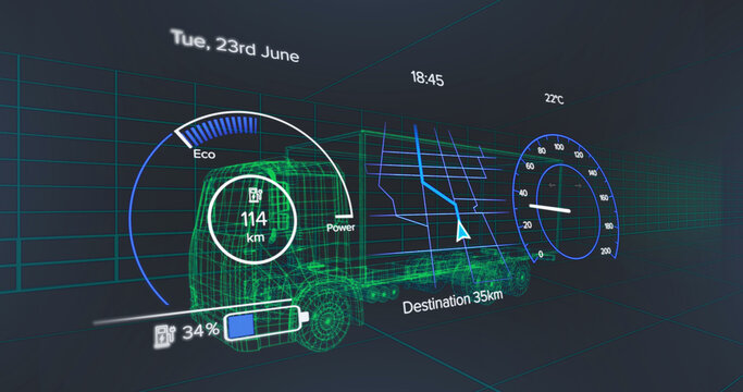 Image of speedometer, gps and charge status data on vehicle interface, over 3d truck model