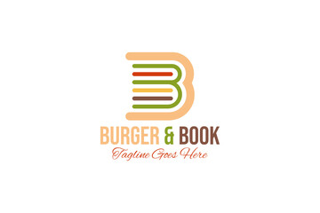 Vector logo element with burger and book illustration. Usable for brand cafes, publishers and libraries