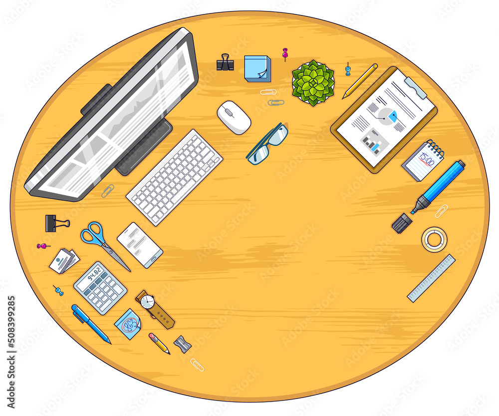 Aufkleber wooden work desk workspace top view with pc computer and a lot of different stationery objects on ta