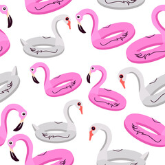 Seamless pattern of inflatable pink flamingo and swan on a white background.Vector illustration for textiles, summer designs.