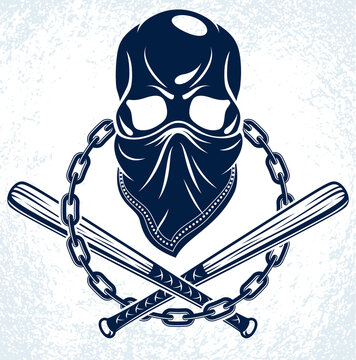 Criminal tattoo, gang emblem or logo with aggressive skull baseball bats design elements, vector, bandit ghetto vintage style, gangster anarchy or mafia theme.
