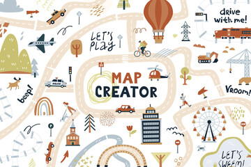 Set of map creator. Cartoon funny illustration isolated on white background. Vector art