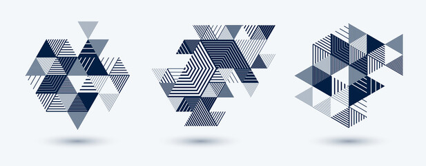 Linear striped abstract vector dimensional 3D backgrounds set with isolated retro style graphic element with cubes and triangles. Templates for posters or banners, covers or ads. © Sylverarts