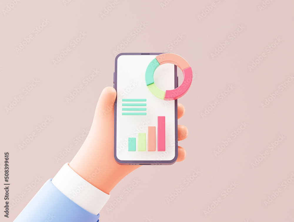 Poster hand holding mobile phone with data chart graph report diagram marketing analytics background banner