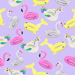Seamless pattern inflatable swimming circles unicorn,fish,flamingo,swan on a lilac background.Vector pattern for textiles, summer designs.