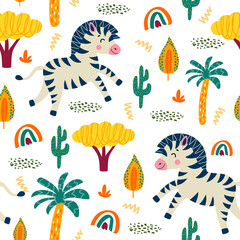 seamless pattern with zebra and plants in a childish cartoon style. vector illustration. for children's textiles and decoration