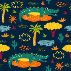 seamless pattern with crocodile and plants in a childish cartoon style. vector illustration. for children's textiles and decoration