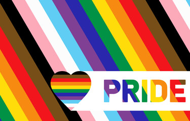 Pride Month LGBT community symbol concept multi color flag. Abstract background with Pride word and heart in colors of LGBT flag Lesbian, Gay, Bisexual, Transgender rainbow flag vector illustration
