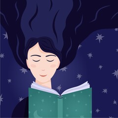 A girl with long hair is reading a book. against the background of the starry sky.