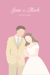 Bride in white dress happily holding arm of her Groom in beige suit for their wedding ceremony invitation card flat vector couple characters on pink background.