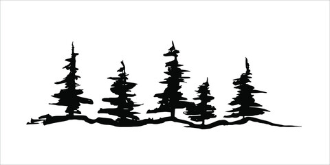 Ink spruces. Vector conture, black silhouette. Dark forest