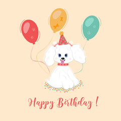 Happy Birthday celebration wish with a cute little dog, flying air colorful balloons and a festive inscription on a beige background for girl