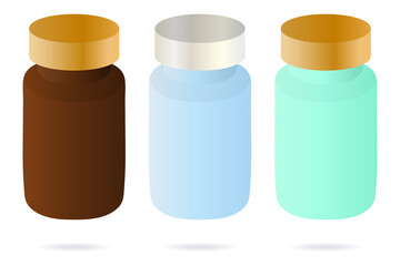 Pills. Plastic jar for medicines, vitamins and other things. Set of vector illustrations. Isolated background. Medicine vials collection. Tubes for pills prescribed by a doctor. Flat style