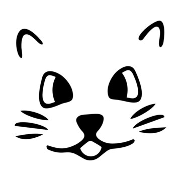 The muzzle of a cat. Sketch. Cute kitten. Mustachioed pet. Vector illustration. Outline on isolated background. Doodle style. Idea for web design.