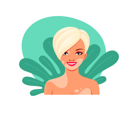 Portrait of happy woman with vitiligo. Diverse female character with skin losing pigment. Vector cartoon avatar of happy girl with depigmentation patches on body on leaves background