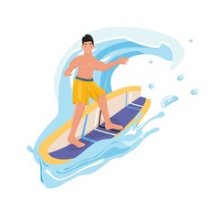 Happy man surfing in the water with a surfboard. Recreational beach water sport.