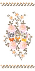 Vertical romantic towel print with cat portraits and roses. Chinese new year symbols 2023.