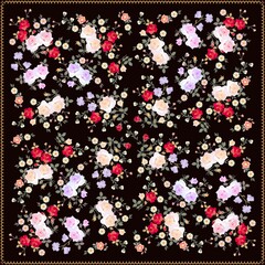 A beautiful scarf with bouquets of roses, cinquefoil and bacopa isolated on a black background in vector. Manton for flamenco. Spanish motives. Fashion accessory.