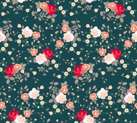 Romantic seamless natural print for fabric with lovely bouquets of roses, cinquefoil loosely arranged on a green background in vector. Summer pattern for curtains, clothes, bed linen. - obrazy, fototapety, plakaty