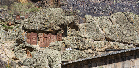 Khatchkars (crosses) of the sacred monastery of Geghard are unique examples of the art and striking in their composition. Geghard monastery, Armenia