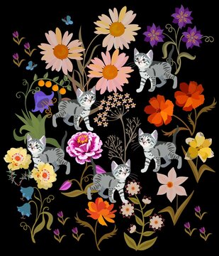 Little kittens play among the flowers. Multicolor natural pattern on a black background. Sweet print for fabric, paper, wallpaper.