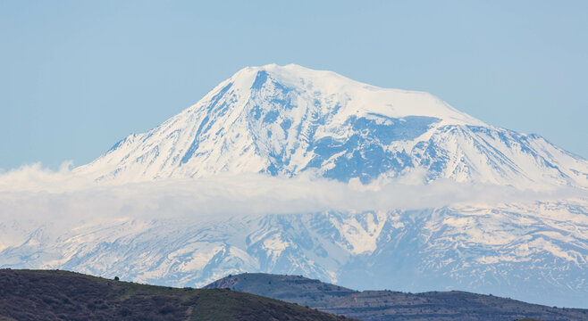 The view over the mountain of Ararat from the village Goght not far from Geghard monastery. Goght, Armenia