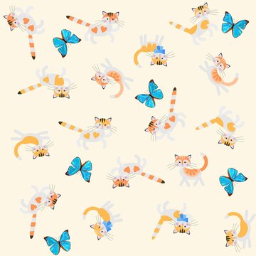 Seamless pattern with cute cartoon cats and blue tropical butterflies isolated on white background in ivory shade. Animal print for baby fabric. Symbol of Chinese New Year, 2023.