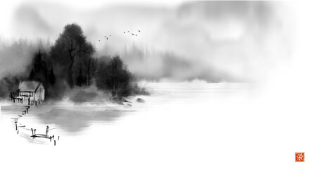 Landscape with fisherman by the misty riverside in minimalist style. Traditional oriental ink painting sumi-e, u-sin, go-hua. Translation of hieroglyph - prosperity © elinacious
