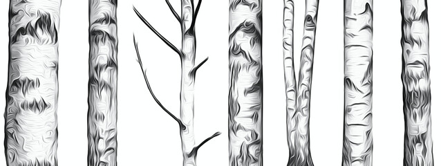 black and white stylized drawing of tree trunks