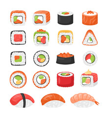 Sushi icon set. Vector collection of various sushi roll, sashimi with shrimp, salmon and tuna, gunkan. Japanese cuisine, traditional food. Asian food. Roll with fish, vegetables and cheese