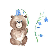 Cute teddy bear and blue bell flower isolated on white background. Watercolor hand drawn illustration.