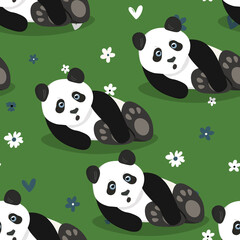 Seamless pattern with cute panda baby on color background. Funny asian animals. Card, postcards for kids. Flat vector illustration for fabric, textile, wallpaper, poster, gift wrapping paper