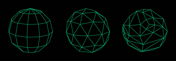 Set of wireframe sphere from different sides. Vector abstract geometric 3D objects. Technology block chain network connection.