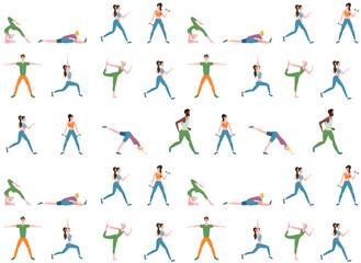 Fototapeta na wymiar People do sport exercises, vector illustration set. Cartoon young man woman sportive characters in sportswear training with dumbbells, healthy fitness sports workout 
