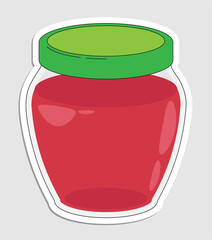 Packaged jar of jam or compote in doodle style. Hand drawn cartoon icon with stroke. Cartoon vector sticker isolated on white background