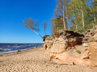 Veczemju Klintis, Veczemju Cliffs on Baltic Sea Near Tuja, Latvia. Beautiful Sea Shore With Limestone and Sand Caves. Calm, Relaxing, Meditation Nature. Concept of Romantic Evening and Holidays
