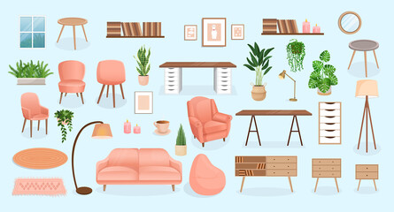 Set of furniture for the bedroom, hallway, living room, office. Collection of items for the interior of an apartment, office, home. Vector illustration in flat cartoon style. Housing elements.